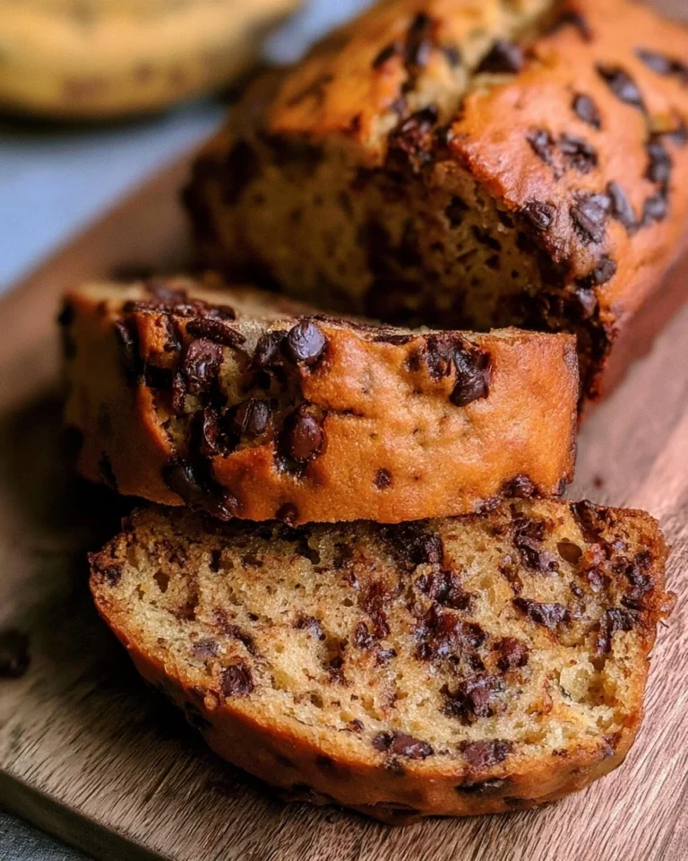 Delicious banana bread with chocolate chips on a wooden cutting board