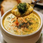 Bowl of healthy broccoli cheddar soup topped with cheese and fresh broccoli
