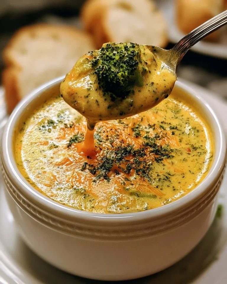 Bowl of healthy broccoli cheddar soup topped with cheese and fresh broccoli